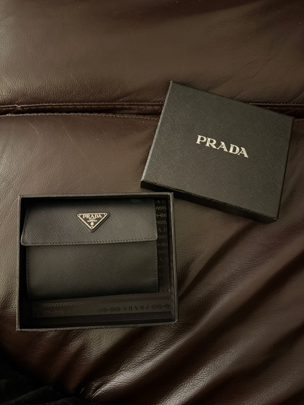 Prada Black Saffiano Leather Compact Wallet with Triangle Logo